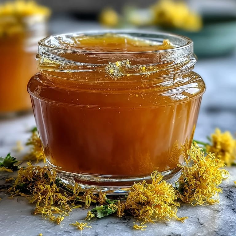 Handmade dandelion jelly, golden and translucent, served on a vintage plate with a sprig of fresh herbs.