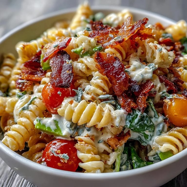 Creamy BLT pasta salad featuring crispy bacon, ripe avocado, and romaine lettuce, tossed with short pasta for a satisfying main or side dish.