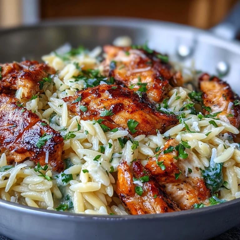 Savory lemon orzo with juicy chicken and wilted spinach, topped with Parmesan, perfect for a quick and hearty dinner.