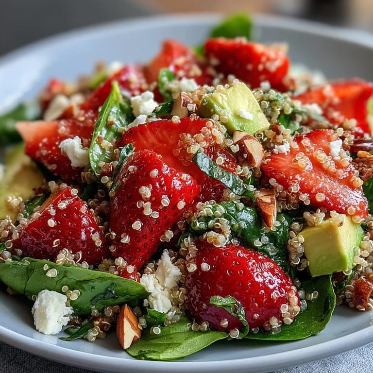Healthy strawberry avocado quinoa salad with baby spinach, feta cheese, and zesty lemon-honey dressing.