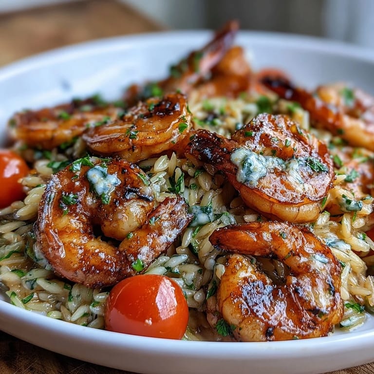 Zesty shrimp and orzo pasta simmered with cherry tomatoes and zucchini in lemon butter sauce.