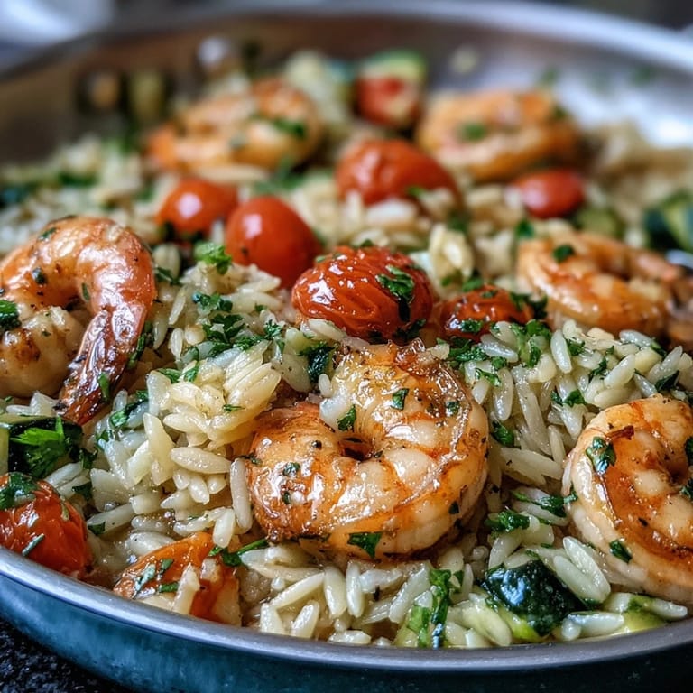 Juicy shrimp tossed with orzo, zucchini, and tomatoes in a bright Mediterranean lemon butter skillet meal.