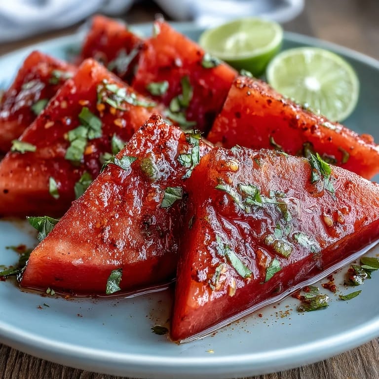 Refreshing watermelon sticks topped with Tajin and lime for a vibrant, beach-ready treat.