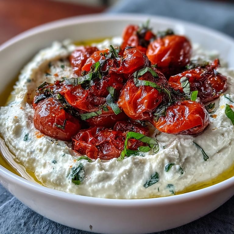 Smooth, whipped feta dip served with caramelized cherry tomatoes, fresh herbs, and warm pita bread for dipping.