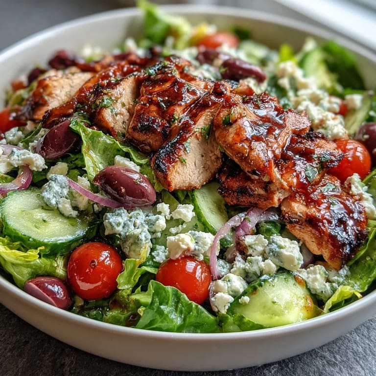 Colorful Greek Salad Bowl with Grilled Chicken, topped with creamy feta and Kalamata olives, perfect for a healthy, protein-packed lunch or dinner.  