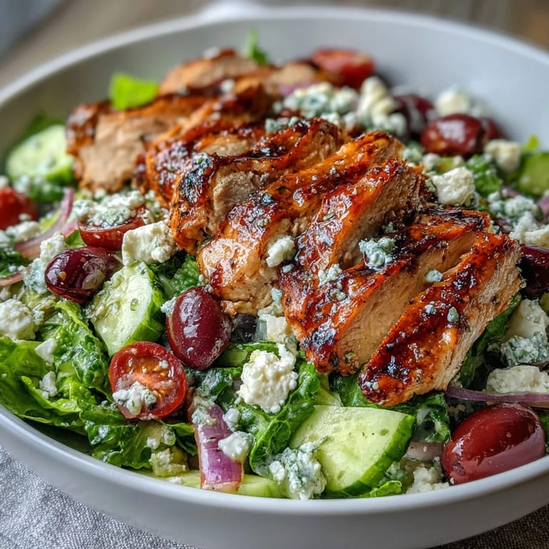 Grilled Chicken Greek Salad Bowl, with vibrant cherry tomatoes, cucumbers, and red onion, served with zesty red wine vinaigrette for a refreshing meal.