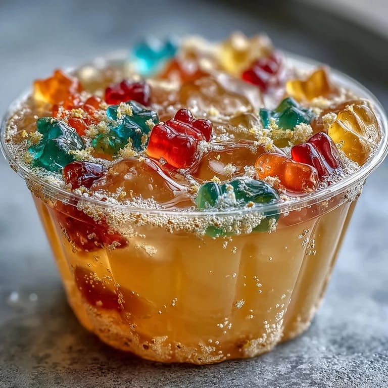 Vibrant Gummy Bear Lemonade Jelly Cups featuring bright yellow lemonade gelatin and rainbow gummy bears, creating a fun, Instagram-worthy dessert.