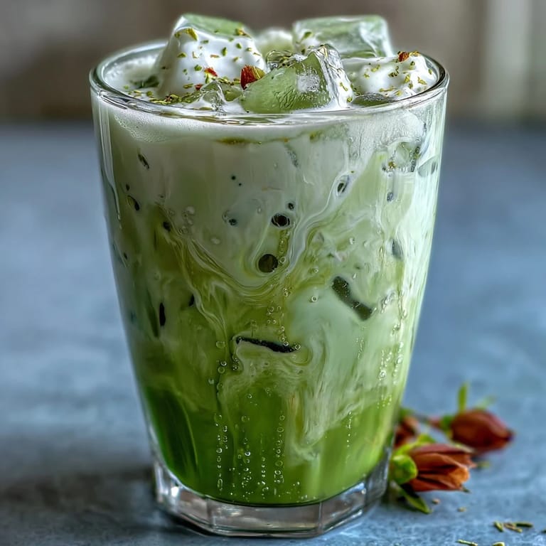 Silky vanilla cold foam floats atop a vibrant green iced matcha latte, a refreshing spring treat.