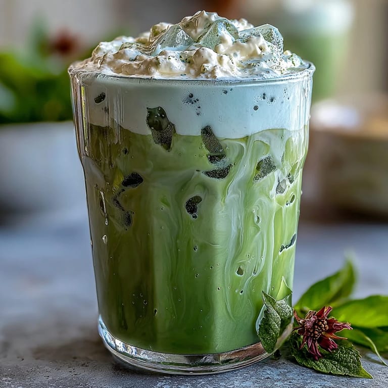 Elegant iced matcha latte layered with cold milk and crowned with airy vanilla cold foam for a special brunch.