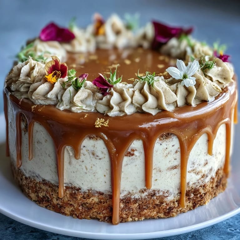 Rich butterscotch cake layers frosted with rose and lavender buttercream, decorated with edible flowers for a grounded, elegant treat