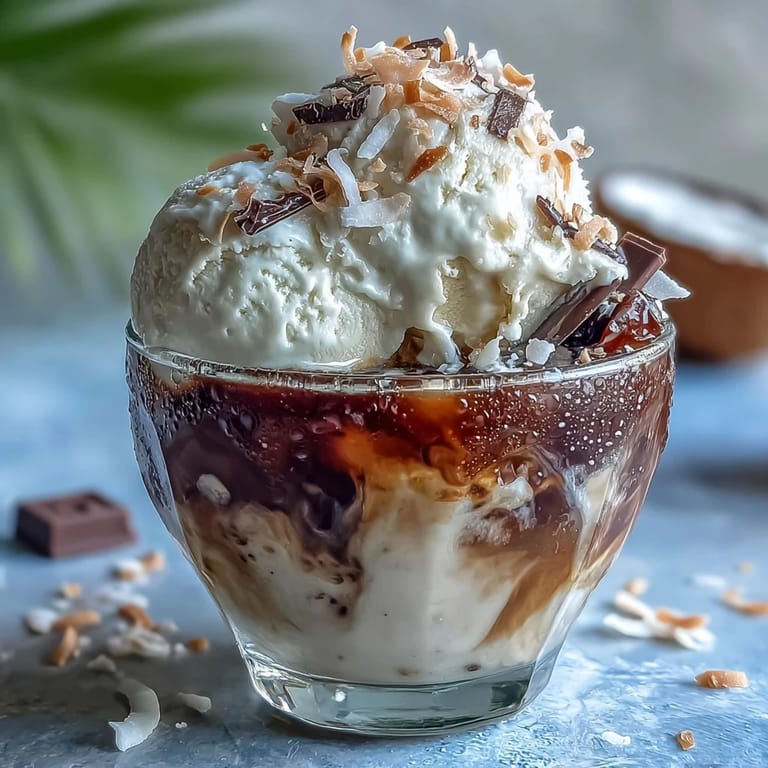 2. Refreshing summer dessert drink featuring coconut cold brew and melting vanilla bean ice cream, garnished with toasted coconut.  