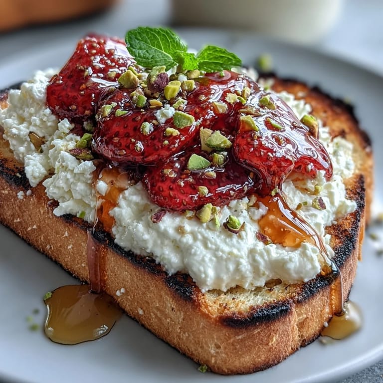 Vibrant breakfast toast layered with ricotta cheese, juicy strawberry slices, honey, and crunchy pistachios.
