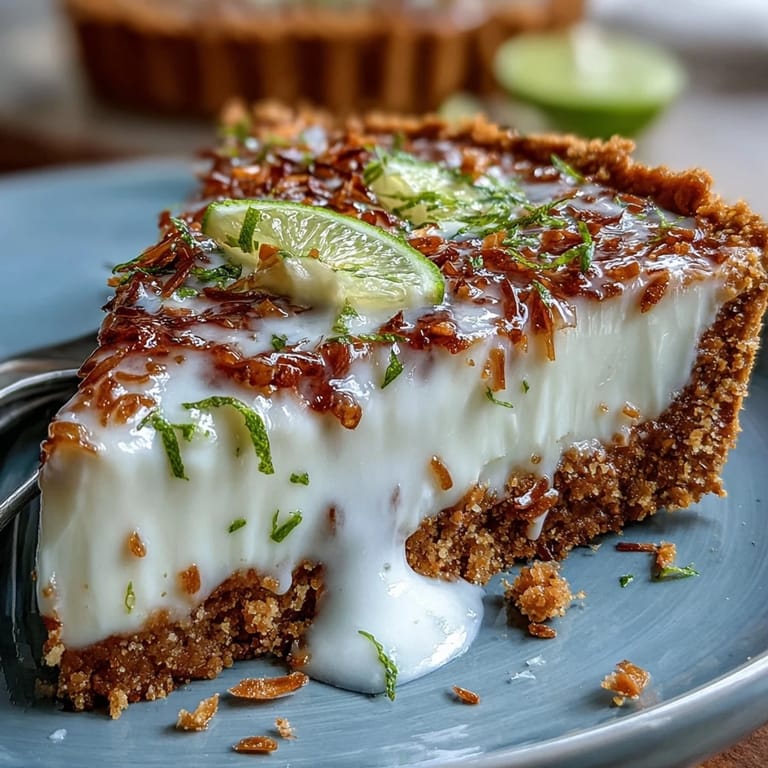 Zesty lime and creamy coconut filling in a golden graham cracker crust, garnished with lime zest and coconut for a tropical dessert.