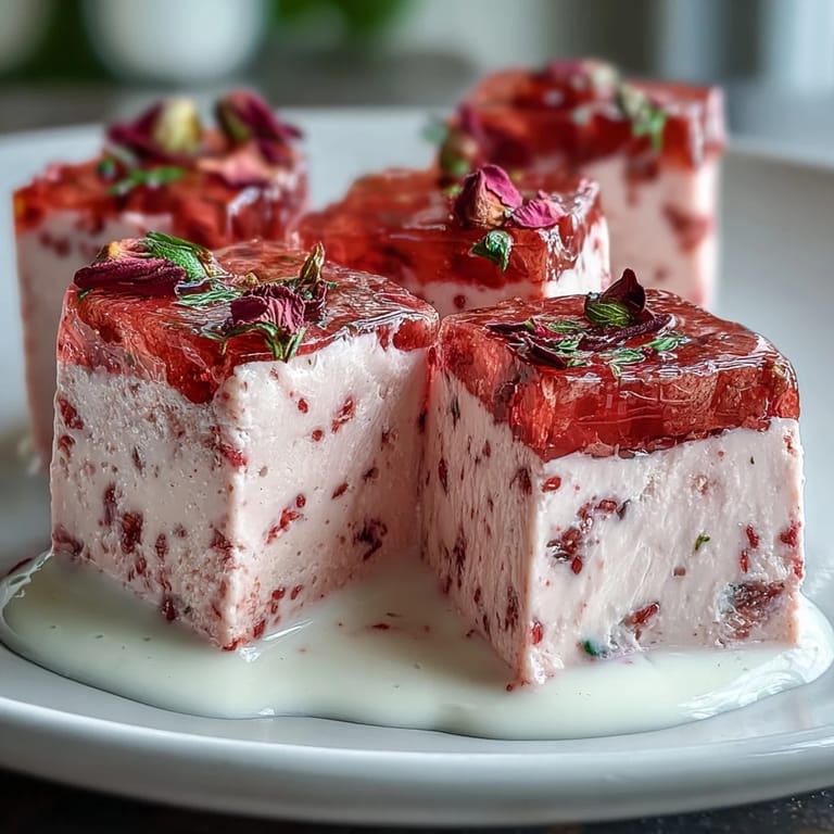 A close-up of a strawberry rose gelatin mosaic cake, showcasing its colorful cubes suspended in silky cream.