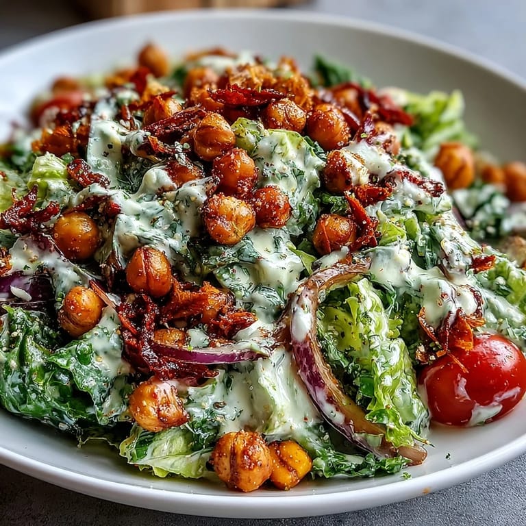 Fresh vegan Caesar salad, creamy dressing coating crisp romaine and chickpeas.