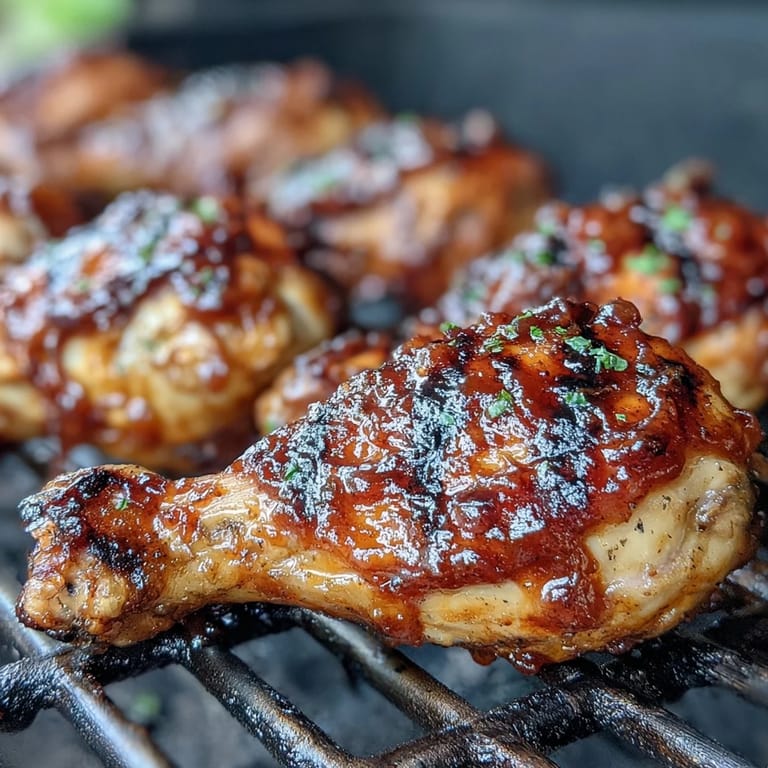 Tender BBQ chicken drumsticks coated in a sweet and spicy peach glaze.