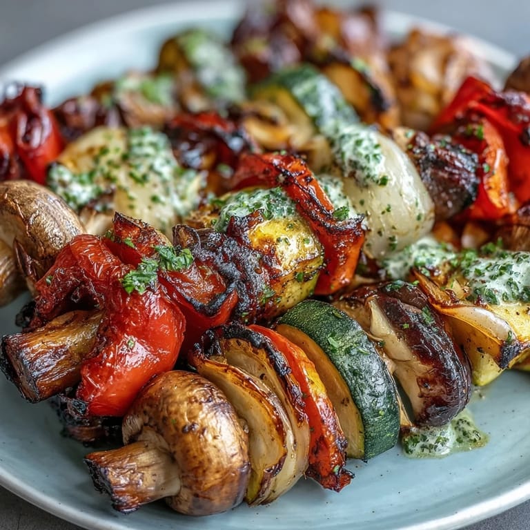 Colorful, tender grilled veggie kabobs drizzled generously with homemade flavorful chimichurri.