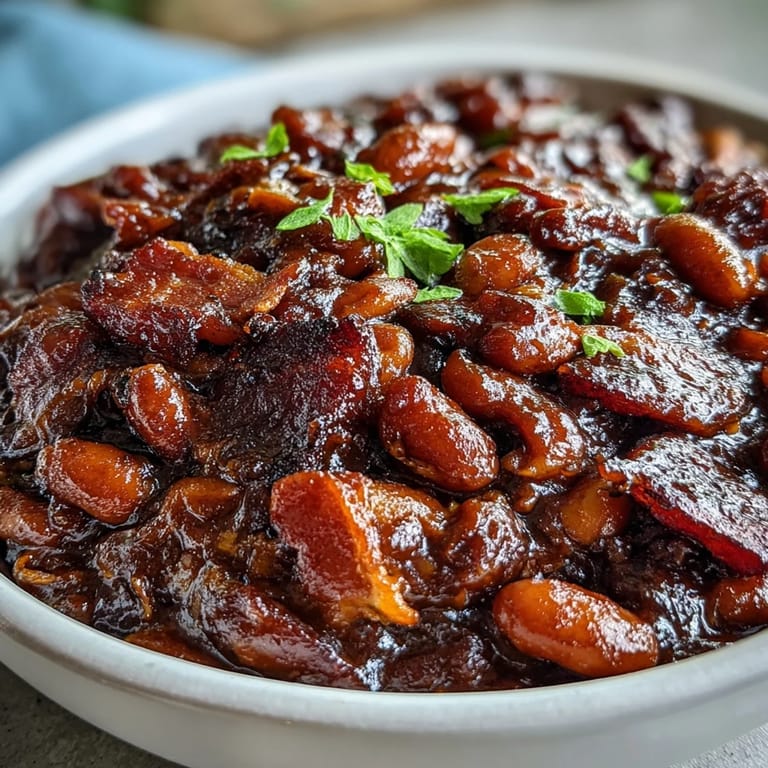 Smoky and sweet Juneteenth baked beans with crispy bacon, perfect for your picnic table.