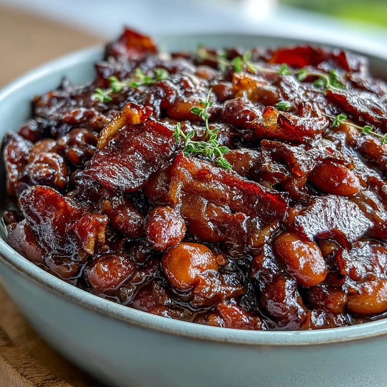 A close-up of Juneteenth BBQ Baked Beans with Bacon and Molasses, bubbling hot.