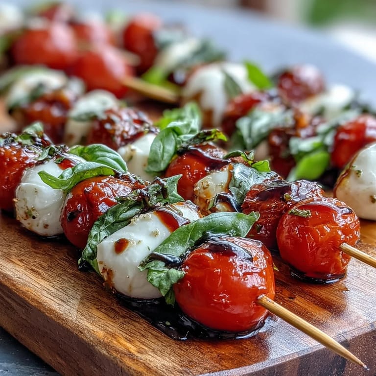 Beautiful Caprese Skewers Appetizer with balsamic drizzle, ready for guests.