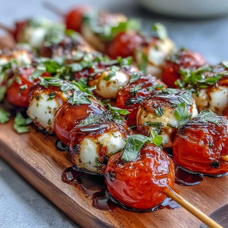Vibrant Caprese Skewers Appetizer: fresh basil, mozzarella, tomatoes, simple balsamic glaze.