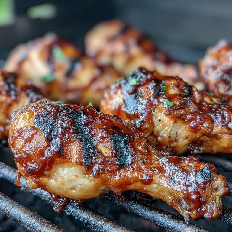Golden brown BBQ chicken drumsticks, brushed with a vibrant spicy peach sauce.
