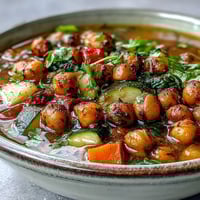 Golden roasted chickpeas and colorful diced vegetables simmer in a fragrant, spiced broth in a rustic bowl.