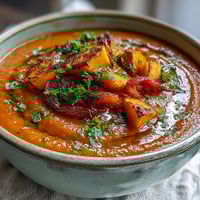 Golden Roasted Vegetable Soup gleams in a rustic bowl, garnished with fresh parsley and a drizzle of olive oil.