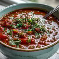 A bowl of hearty Tomato Lentil Soup, its rich red broth filled with tender brown lentils and garnished with fresh parsley.
