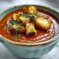 A bowl of creamy roasted red pepper soup topped with golden, crunchy croutons, with a swirl of cream and fresh herbs.