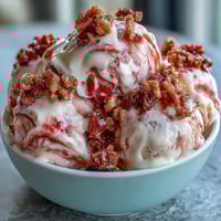 Frozen Strawberry & Banana Yoghurt Clusters on a baking sheet, showcasing a creamy Greek yogurt and honey texture with crunchy freeze-dried fruit toppings ready to serve.