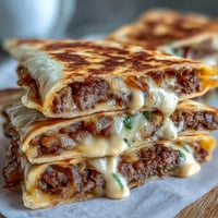 Golden-brown Cheesy Griddled Smashburger Quesadillas are sliced into wedges, revealing melted cheddar and American cheese on smashburger patties with sweet onions.