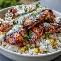Fluffy rice topped with citrus-marinated chicken thighs, smoky charred corn, and zesty crema in Street Corn Chicken and Rice Bowls.
