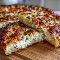 Golden-brown Fluffy Cottage Cheese Flatbread bubbling in a skillet, releasing aromatic garlic and fresh herbs.