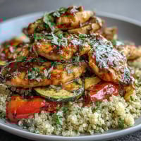 Sliced paprika herb chicken rests on fluffy quinoa alongside golden roasted vegetables and a drizzle of rose harissa. 