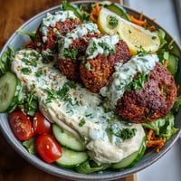Golden, crispy falafel balls rest on creamy hummus and tangy tzatziki, garnished with parsley and sesame seeds in a bowl.