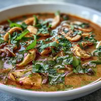 Thai Coconut Curry Soup Bowl with tender chicken, mushrooms, and carrots in a creamy red curry broth, garnished with fresh cilantro and chili slices.  