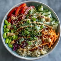 A vibrant Thai coconut quinoa bowl filled with colorful vegetables and drizzled with creamy peanut dressing.  