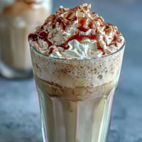 Creamy vanilla protein shake blended with almond milk and vanilla bean paste, topped with whipped cream and a sprinkle of cinnamon.