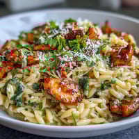 Creamy lemon orzo with chicken and spinach, garnished with fresh parsley and Parmesan, in a cozy skillet dinner.  
