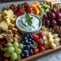 Spring Fruit Table Platter with Dipping Yogurt Sauce, featuring vibrant berries, kiwi, and citrus, arranged artfully for a colorful spring brunch centerpiece.