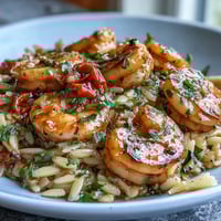 One-Pan Lemon Butter Shrimp and Orzo with fresh vegetables in a vibrant skillet dinner.