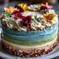 Delicate pastel ombre spring cake with soft pink, yellow, and green layers, topped with a vibrant edible flower arrangement.