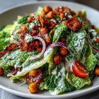 Vegan Caesar salad piled high with crispy chickpea croutons.
