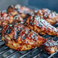Juicy BBQ chicken drumsticks with spicy peach glaze, grilled to sticky perfection.