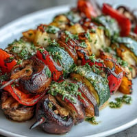 Vibrant grilled veggie kabobs glistening with zesty chimichurri sauce.